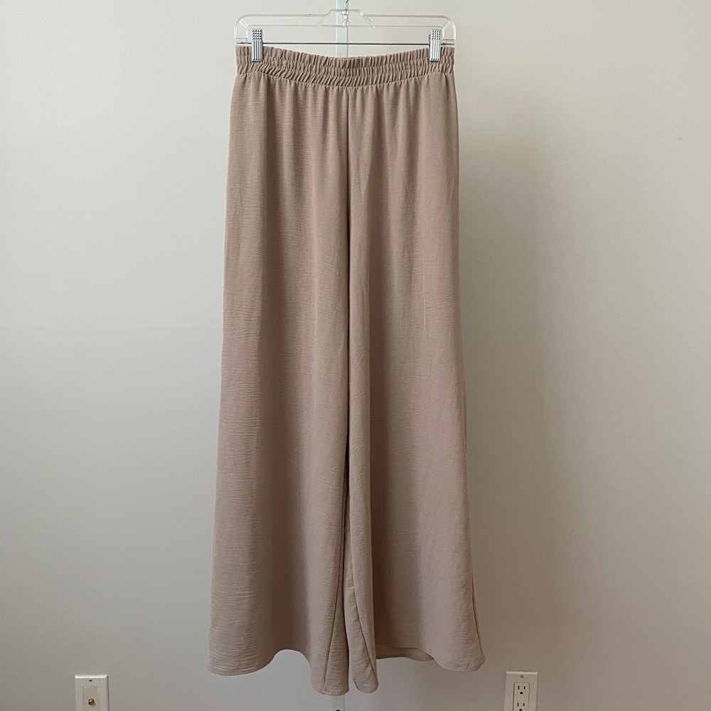 Zara Boho Coastal Relaxed Flowy Wide Leg Pants Small Tan